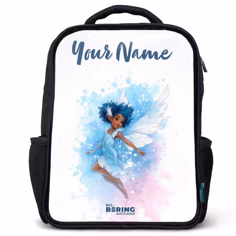Kids backpack with name - Black - Flying fairy in shades of blue — 1
