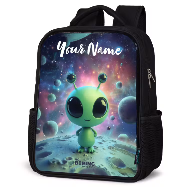 Kids backpack with name - Black - Green alien creature on lunar landscape — 4