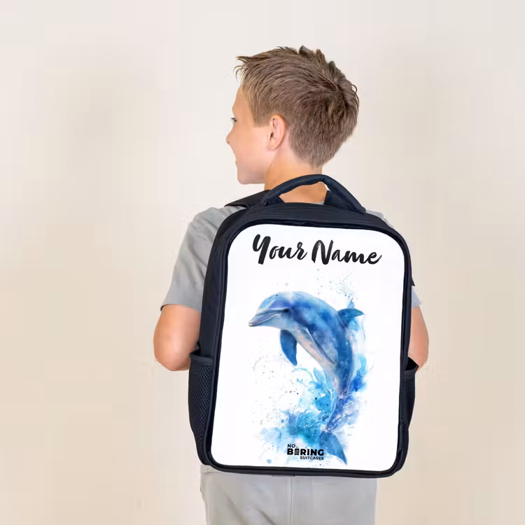Kids backpack with name - Black - Jumping blue dolphin — 2