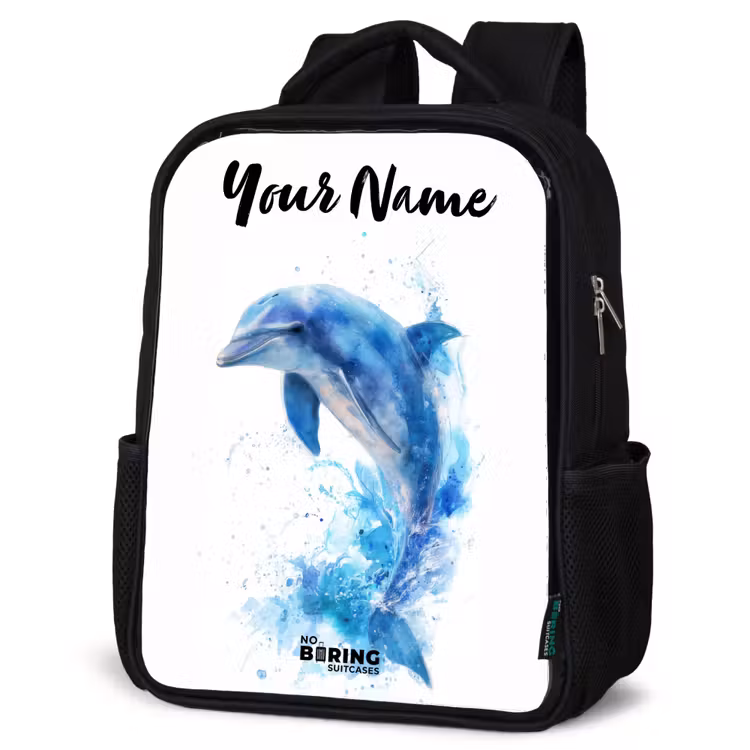 Kids backpack with name - Black - Jumping blue dolphin — 4