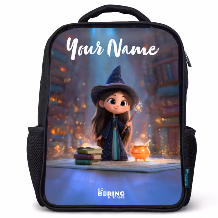 Kids backpack with name - Black - Little enchantress in library — 1