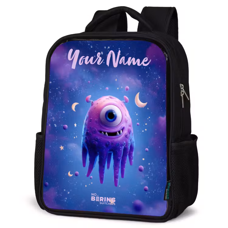 Kids backpack with name - Black - Merry purple eye in space — 4