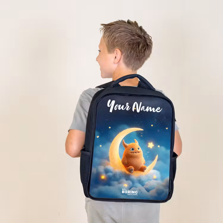 Kids backpack with name - Black - Orange monster on crescent moon — 2