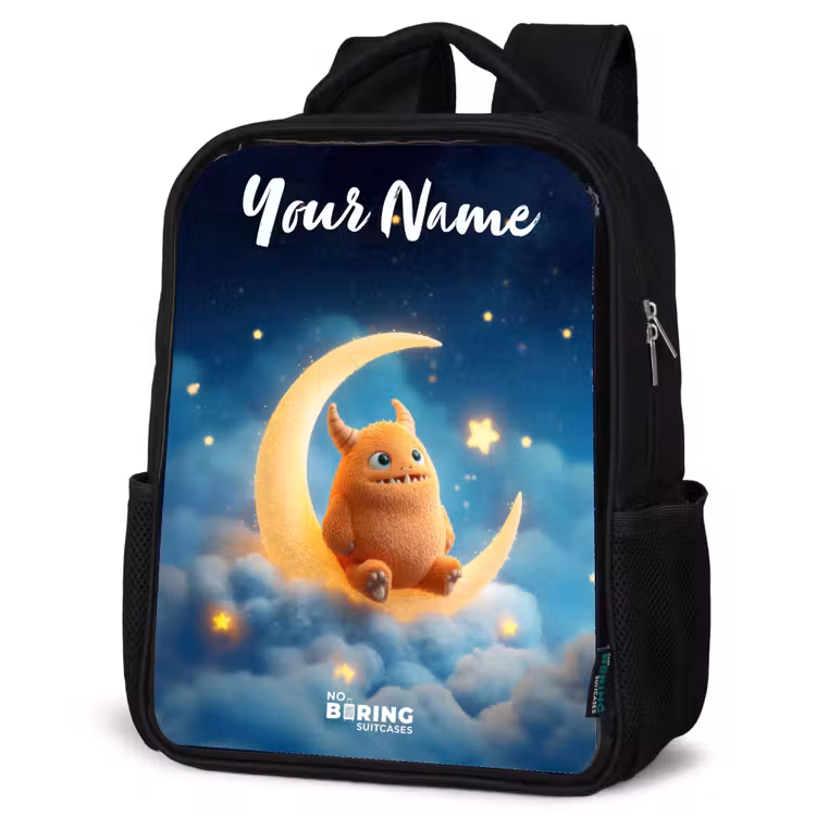 Kids backpack with name - Black - Orange monster on crescent moon — 4