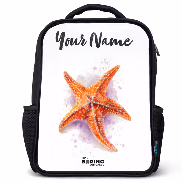 Kids backpack with name - Black - Orange Starfish Illustration — 1
