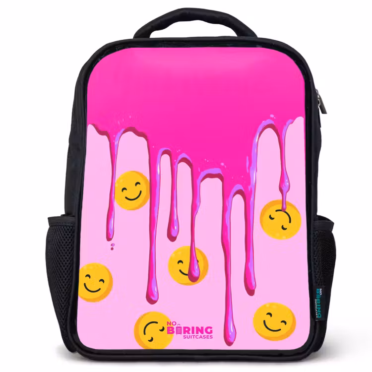 Kids backpack with name - Black - Paint - Smiley face - Pink — 1