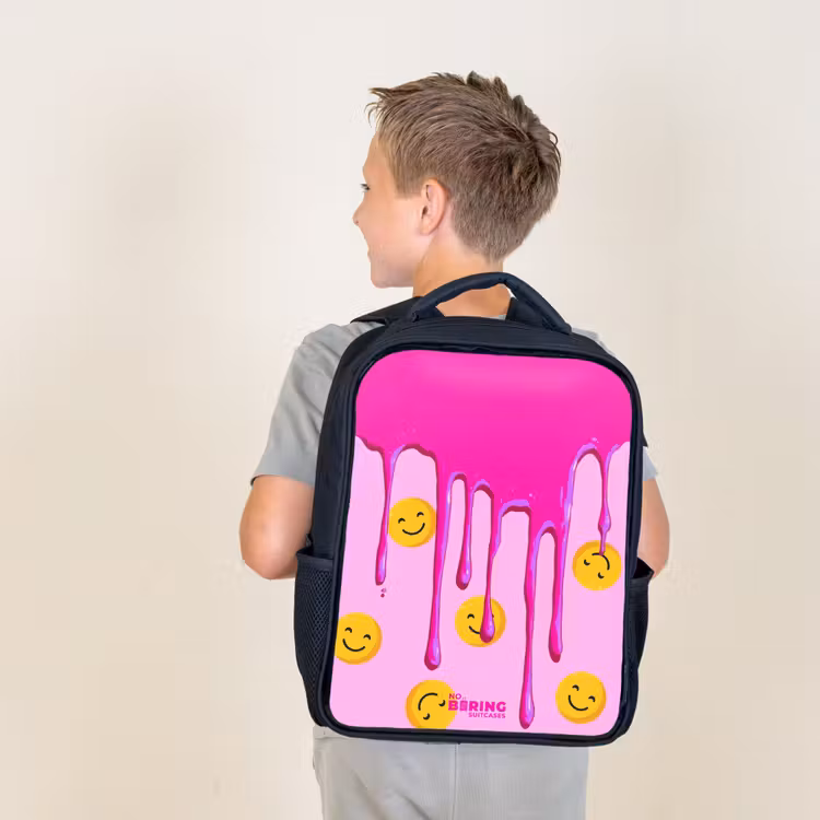 Kids backpack with name - Black - Paint - Smiley face - Pink — 2