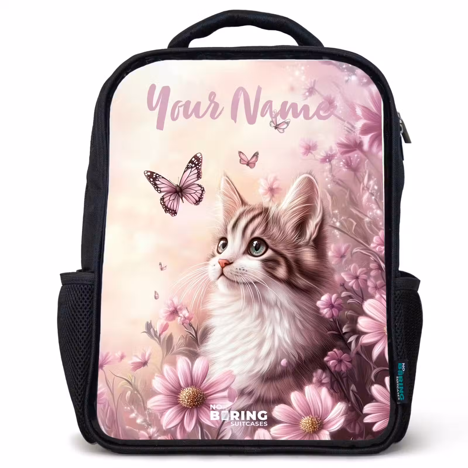 Kids backpack with name - Black - Kitten - Butterflies - Purple - Flowers — 1