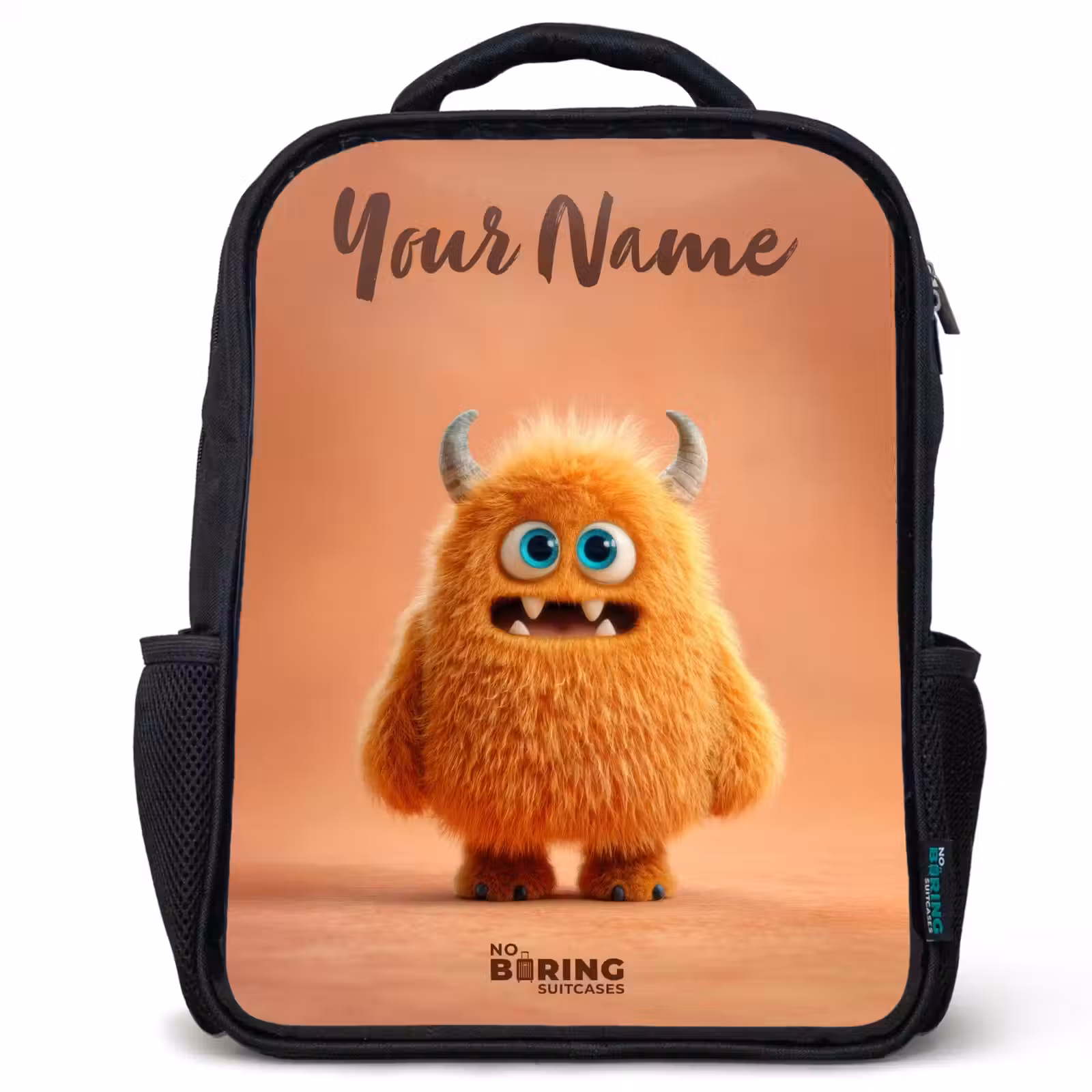 Kids backpack with name - Black - Orange Fluffy Monster with Horns — 1