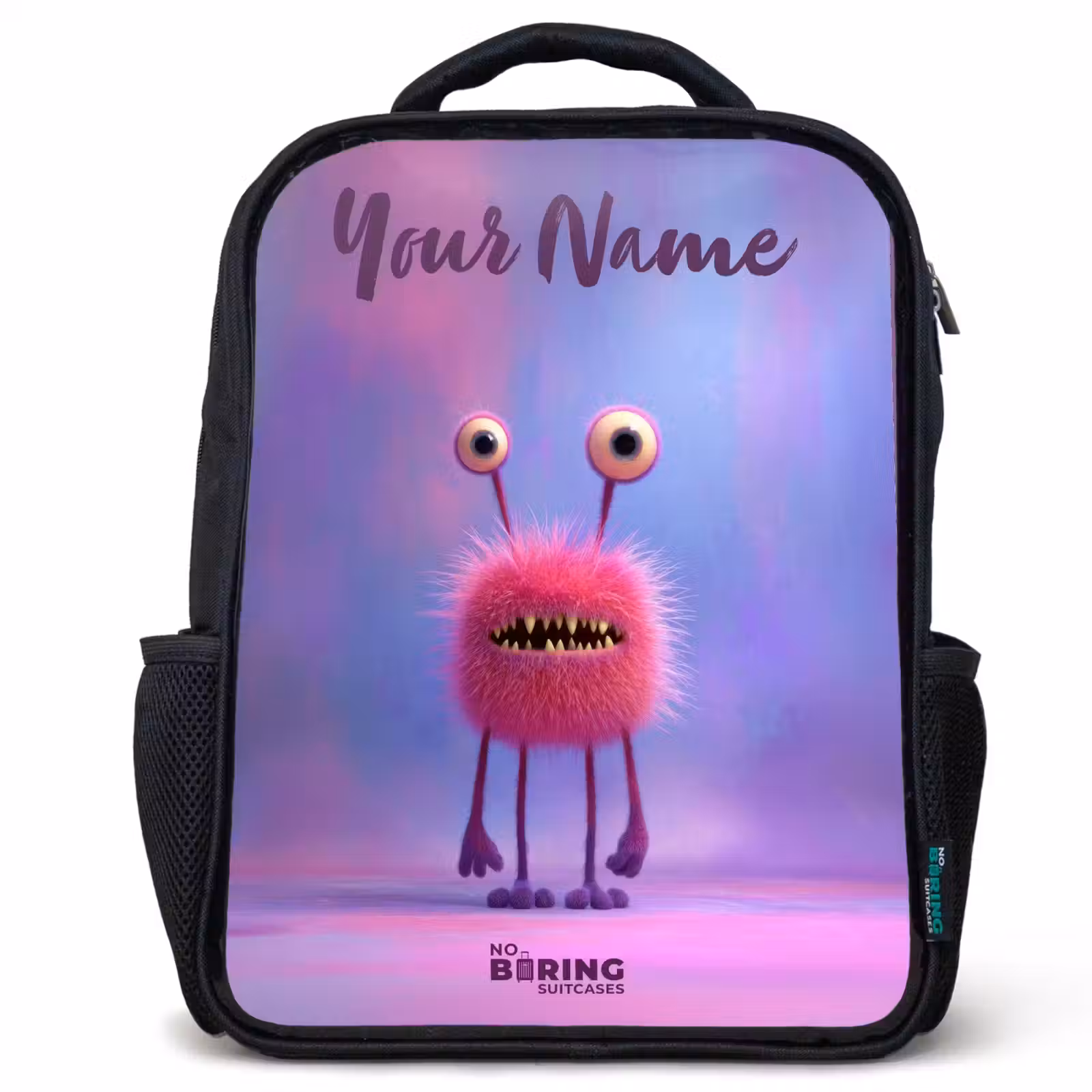 Kids backpack with name - Black - Pink furry monster with big eyes — 1