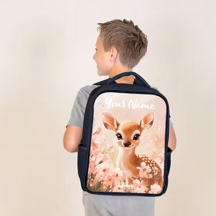 Kids backpack with name - Black - Deer - Flowers - Dots - Pink — 2