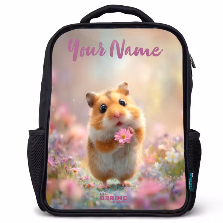 Kids backpack with name - Black - Hamster - Flower - Nature - Animal — 1