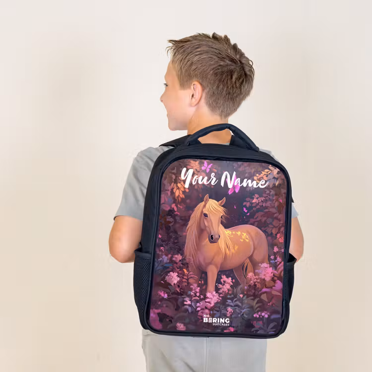 Kids backpack with name - Black - Horse - Flowers - Purple - Butterfly — 2