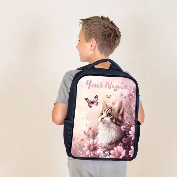 Kids backpack with name - Black - Kitten - Butterflies - Purple - Flowers — 2