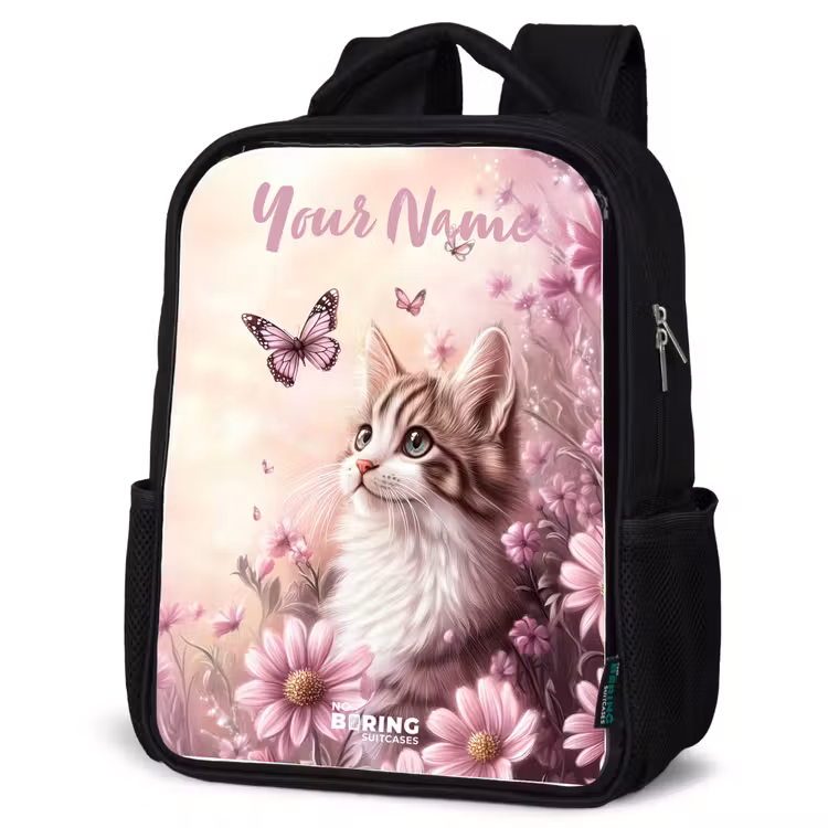Kids backpack with name - Black - Kitten - Butterflies - Purple - Flowers — 4