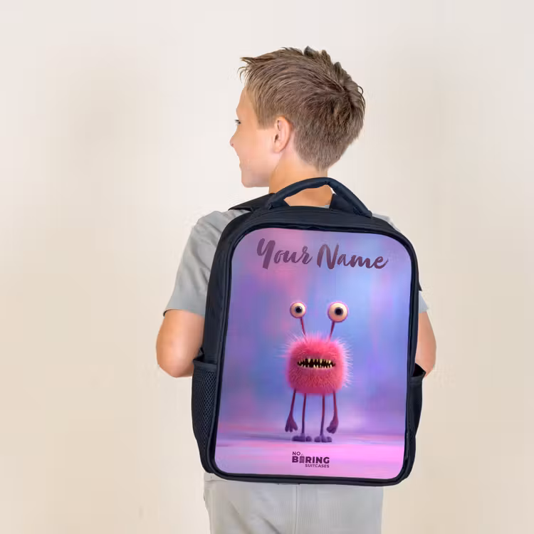 Kids backpack with name - Black - Pink furry monster with big eyes — 2