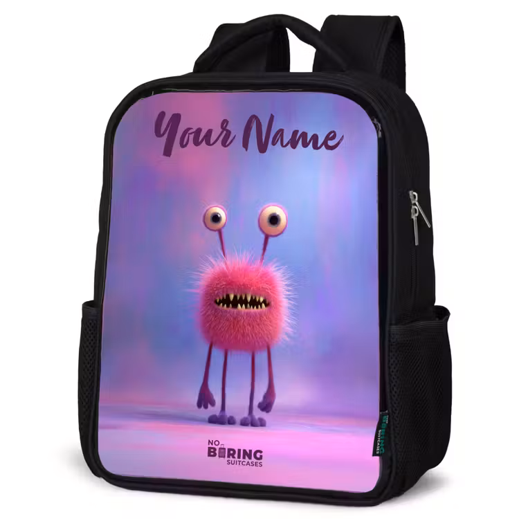 Kids backpack with name - Black - Pink furry monster with big eyes — 4