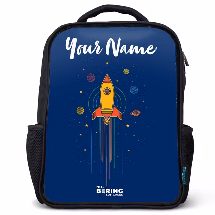 Kids backpack with name - Black - Rocket - Planets - Stars — 1