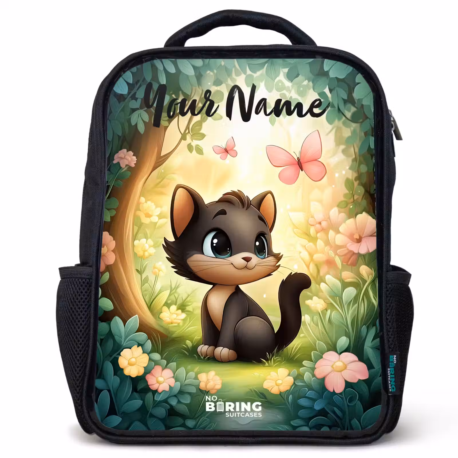 Kids backpack with name - Black - Cat - Butterfly - Flowers — 1