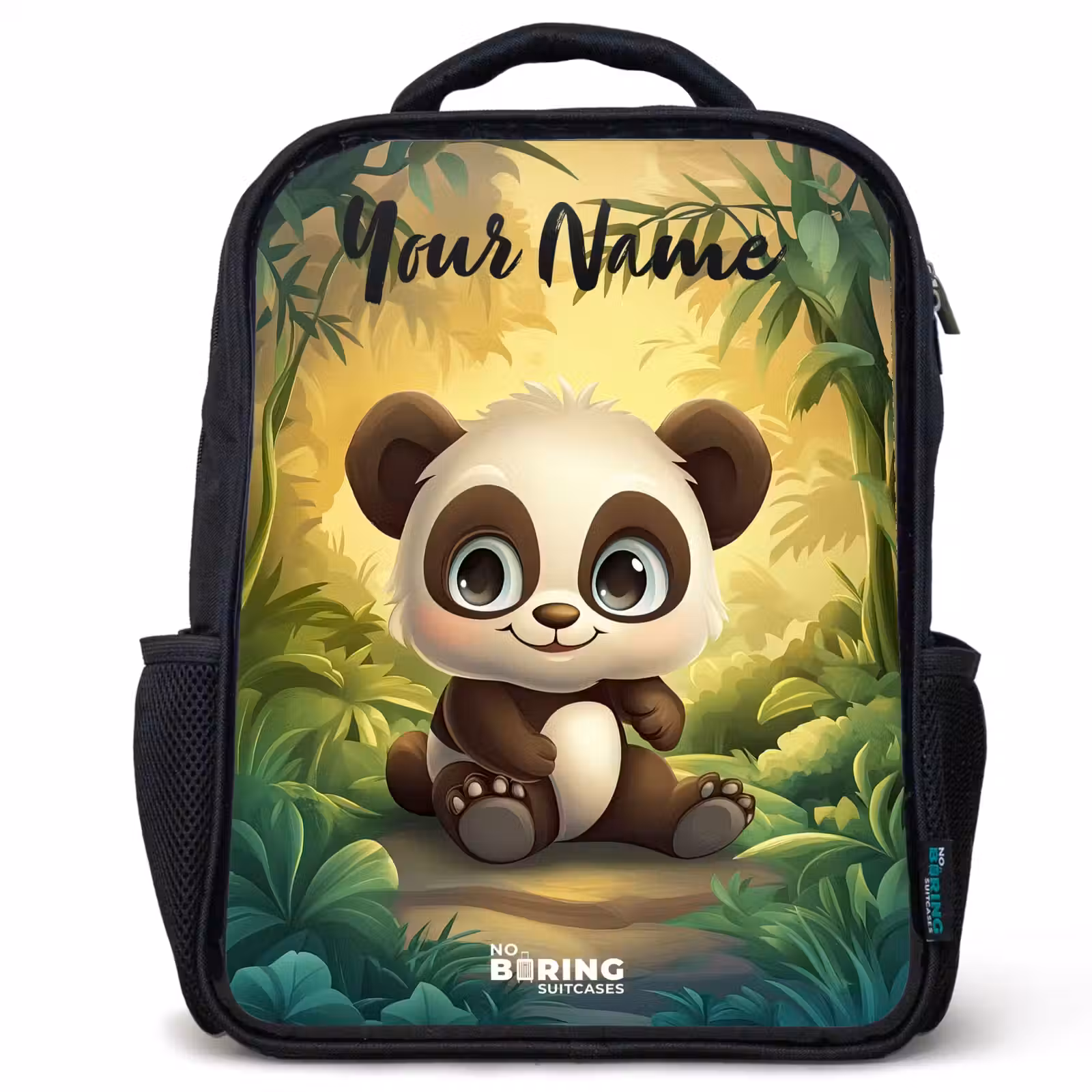 Kids backpack with name - Black - Panda - Bamboo Forest - Green — 1