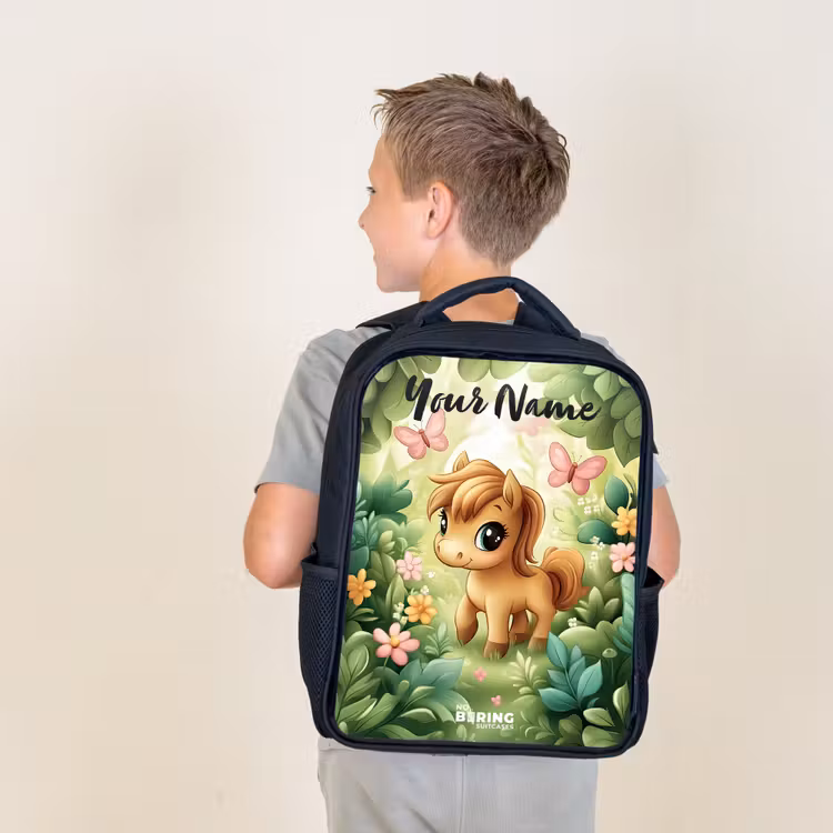 Kids backpack with name - Black - Horse - Flowers - Butterflies — 2