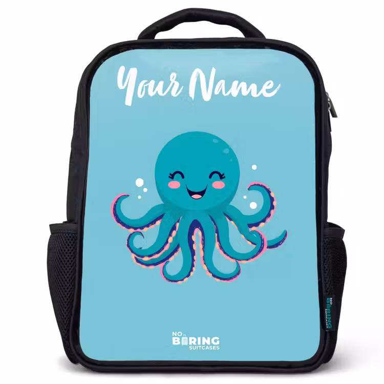 Kids backpack with name - Black - Octopus - Water - Blue — 1