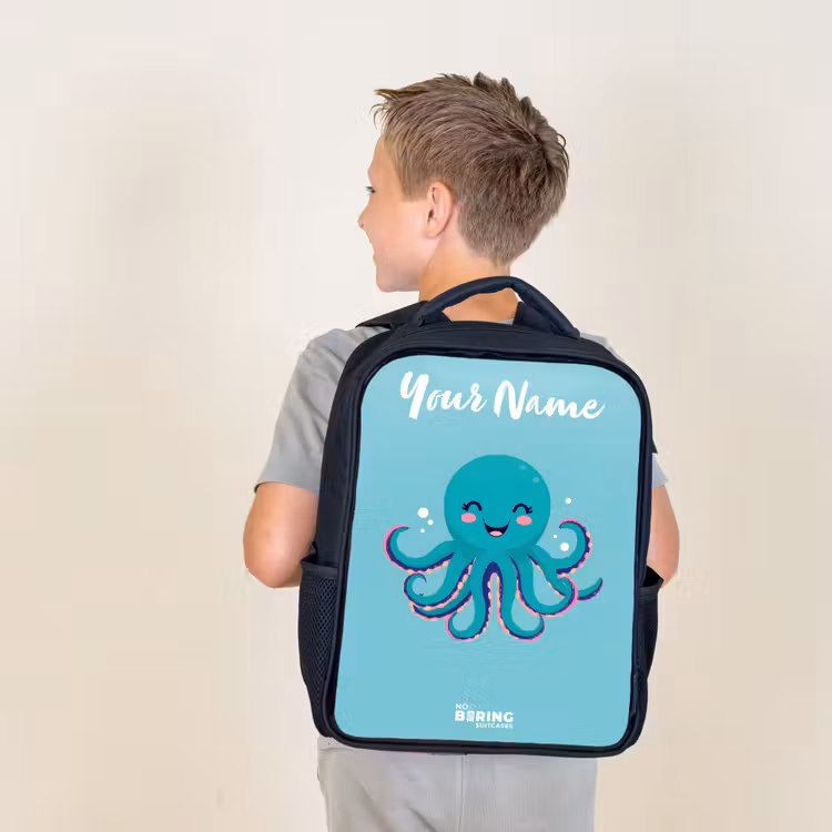 Kids backpack with name - Black - Octopus - Water - Blue — 2