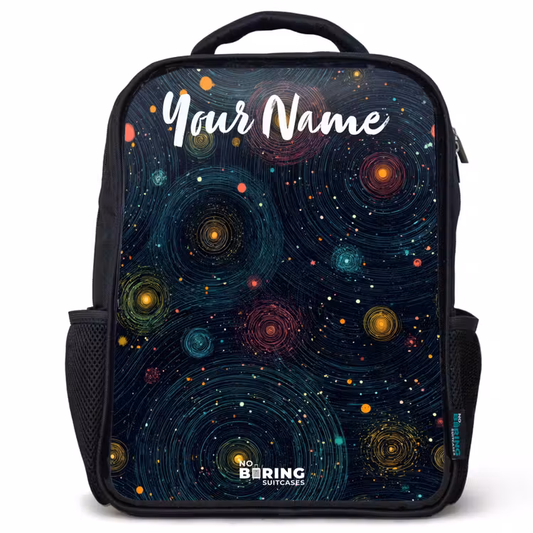 Kids backpack with name - Black - Stars - Planets - Colorful — 1