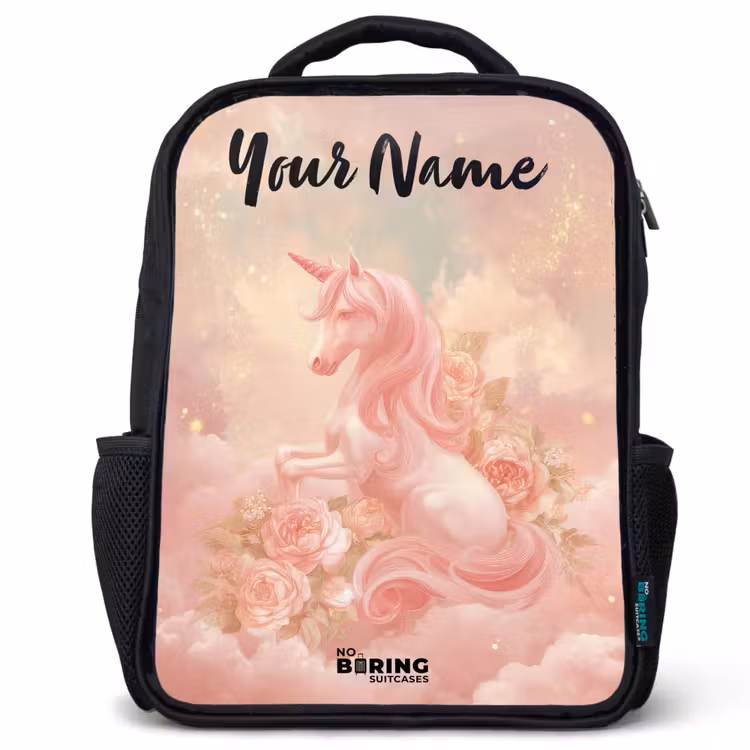 Kids backpack with name - Black - Unicorn - Clouds - Pink — 1