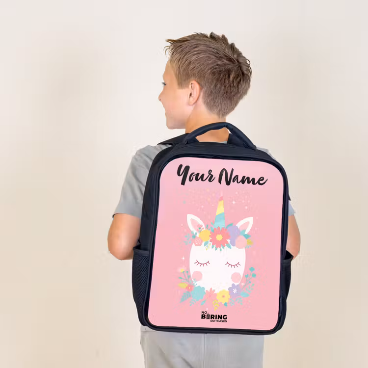 Kids backpack with name - Black - Unicorn - Flowers - Pink — 2