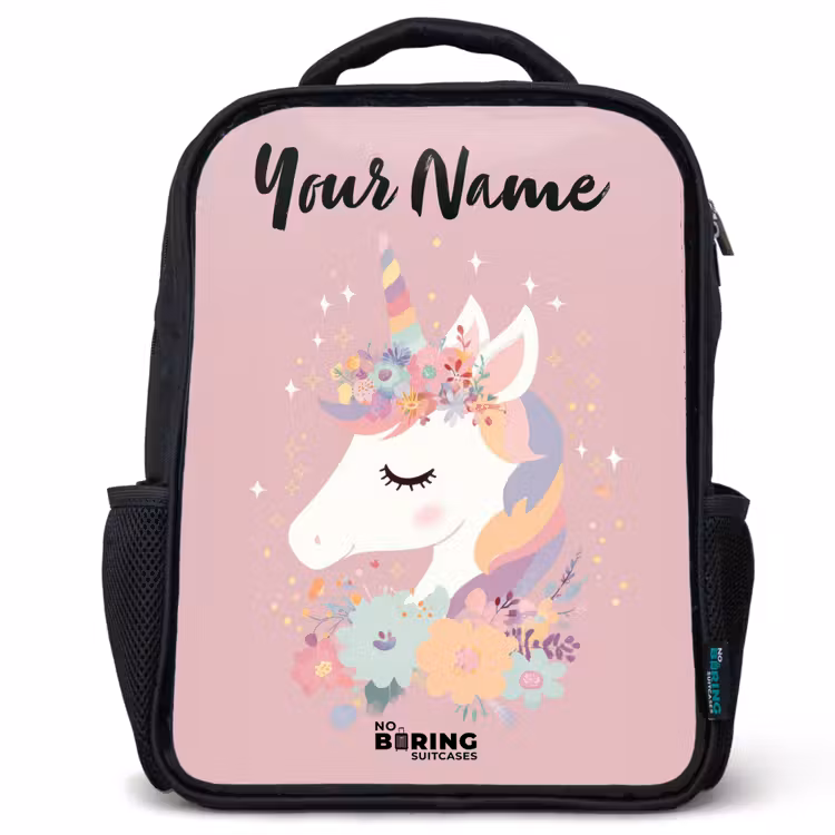 Kids backpack with name - Black - Unicorn - Pink - Flowers — 1