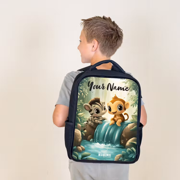 Kids backpack with name - Black - Zebra - Monkey - Waterfall - Rocks — 2