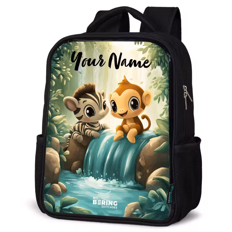 Kids backpack with name - Black - Zebra - Monkey - Waterfall - Rocks — 4