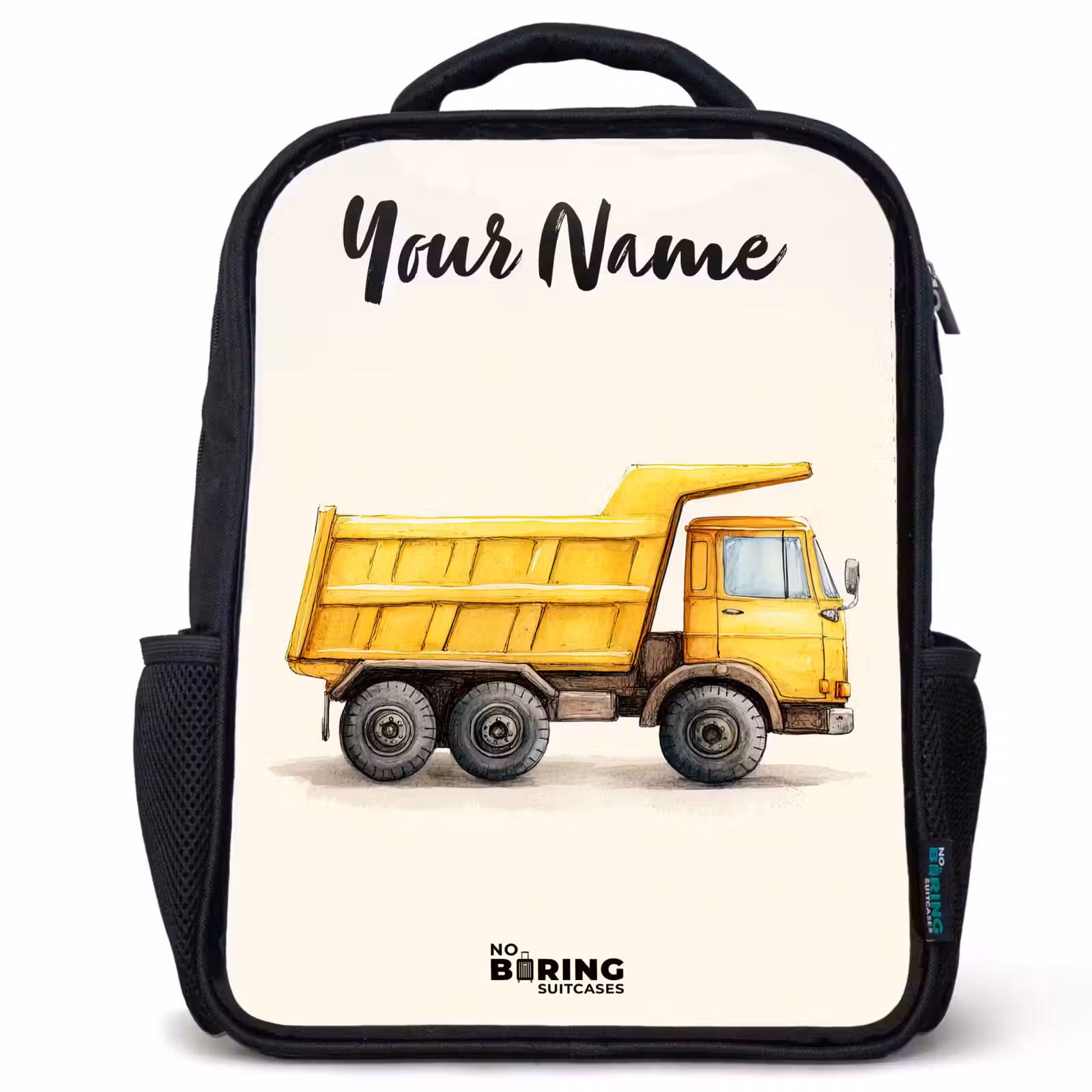 Kids backpack with name - Black - Dump truck - Signed - Yellow — 1
