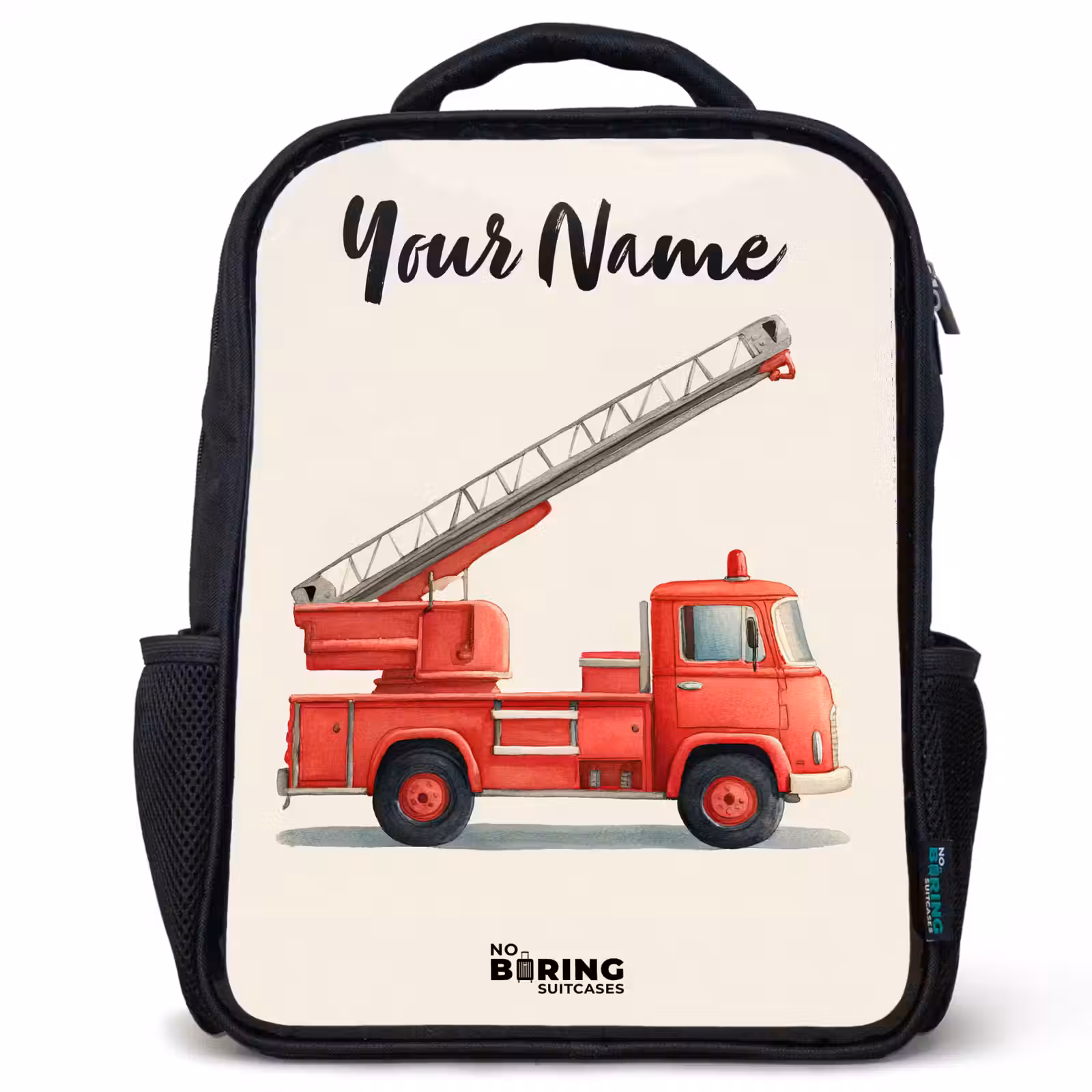 Kids backpack with name - Black - Fire truck - Signed - Red — 1