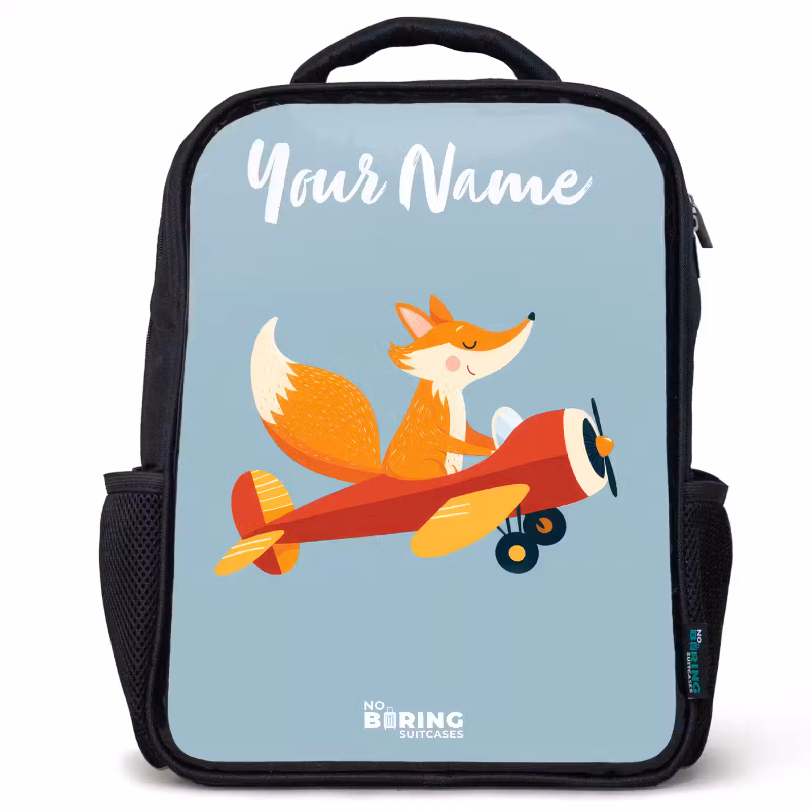 Kids backpack with name - Black - Fox - Airplane - Flies — 1