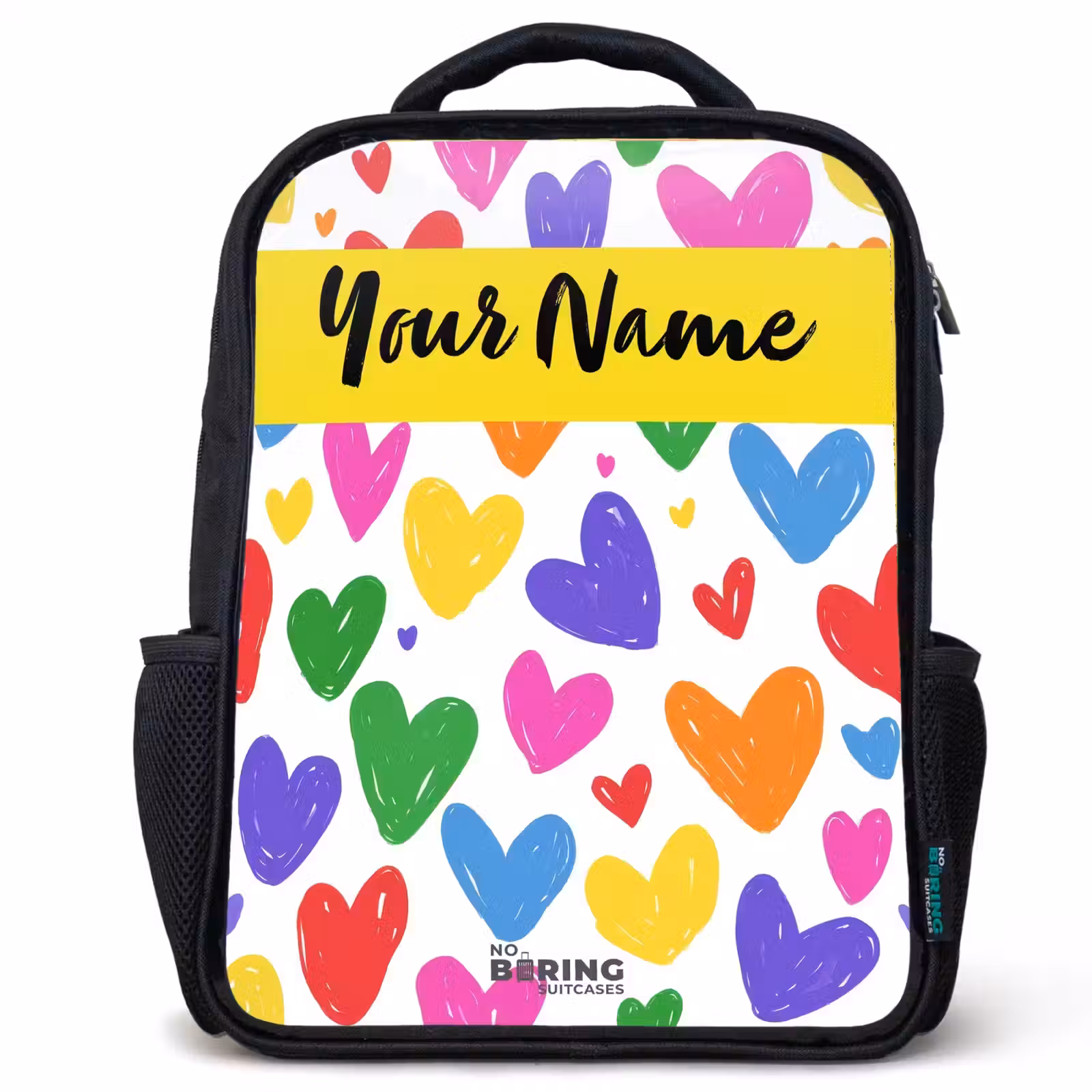 Kids backpack with name - Black - Hearts - Pattern - Colorful — 1