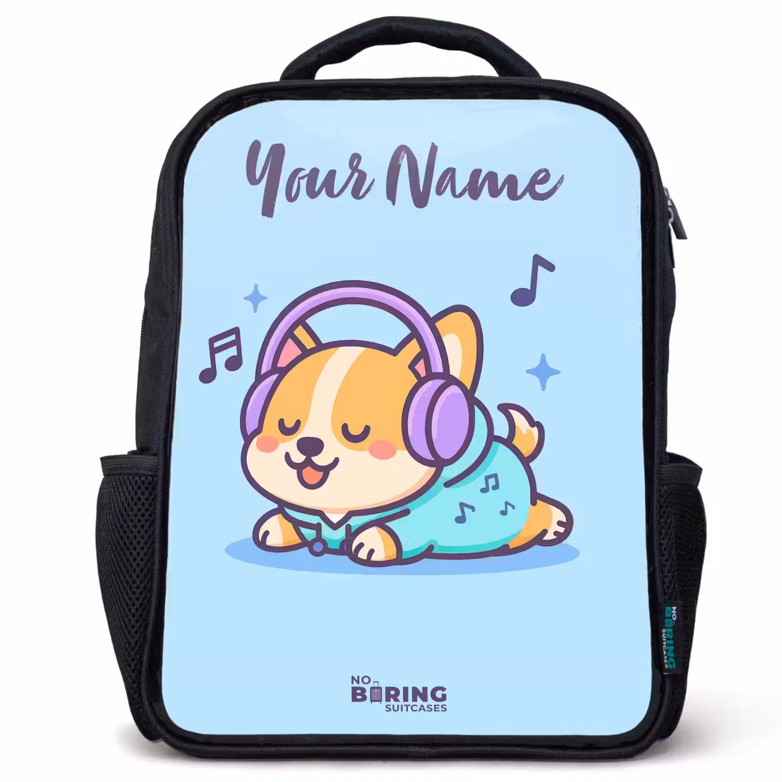 Kids backpack with name - Black - Kawai - Dog - Music — 1