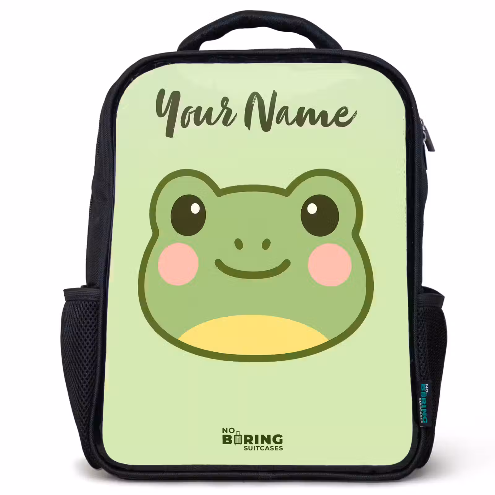 Kids backpack with name - Black - Kawai - Frog - Green — 1