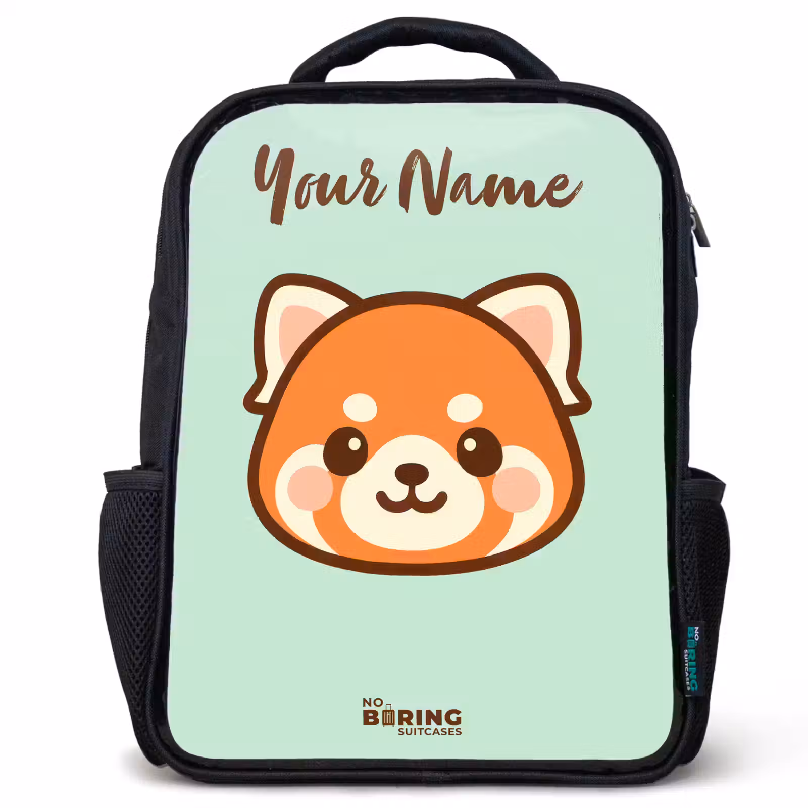 Kids backpack with name - Black - Kawai - Red panda - Green — 1