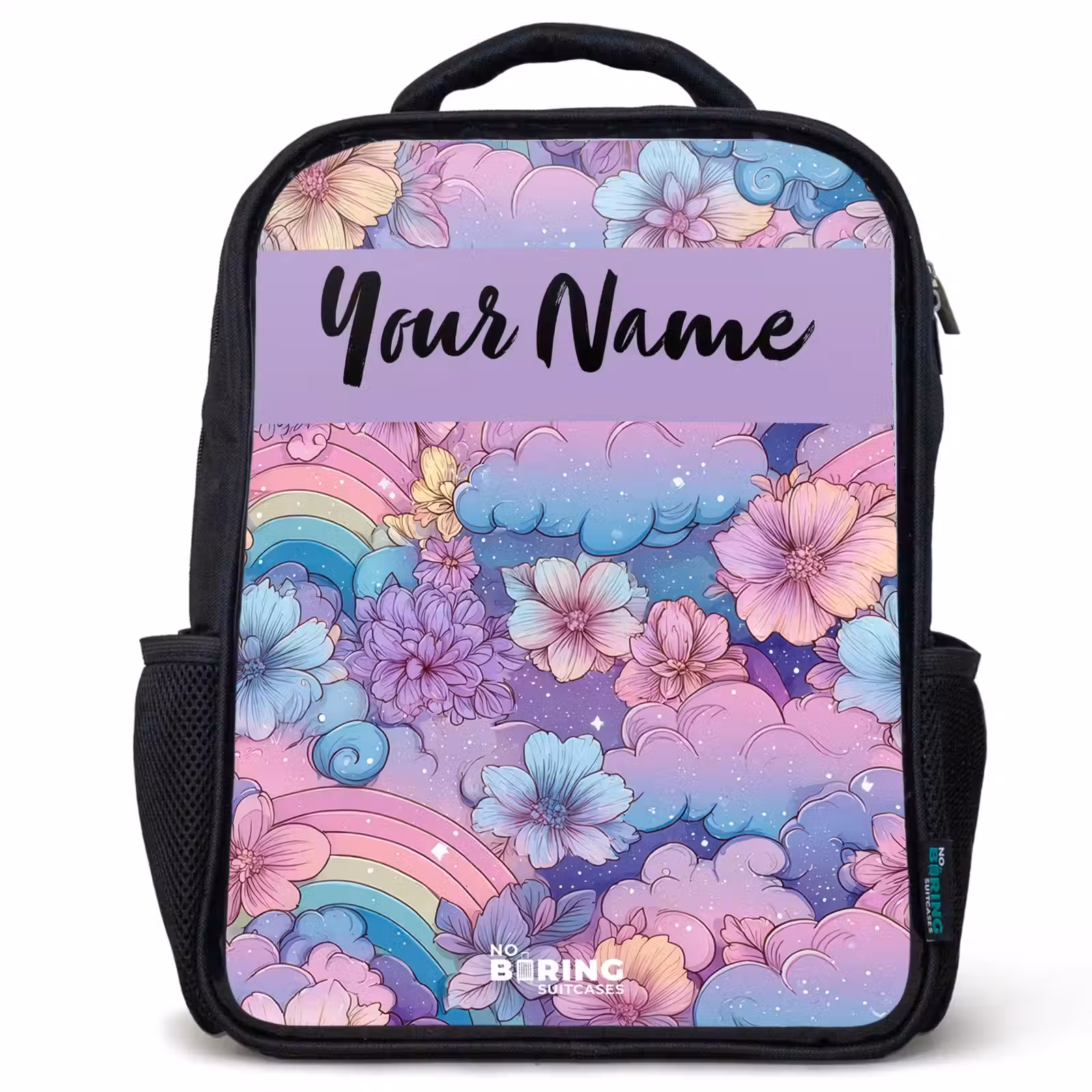Kids backpack with name - Black - Rainbows - Flowers - Colorful — 1
