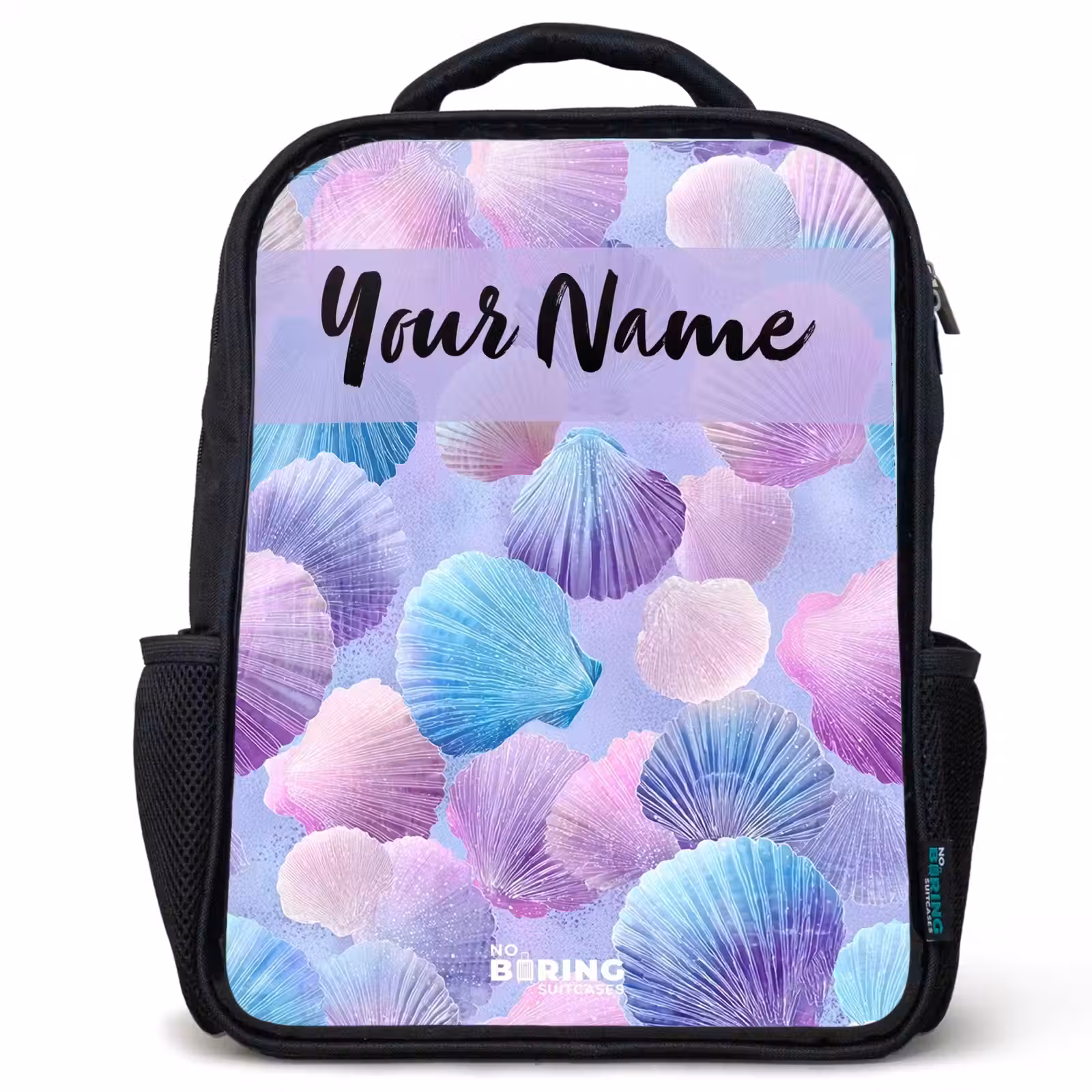 Kids backpack with name - Black - Shells - Purple - Blue - Pattern — 1