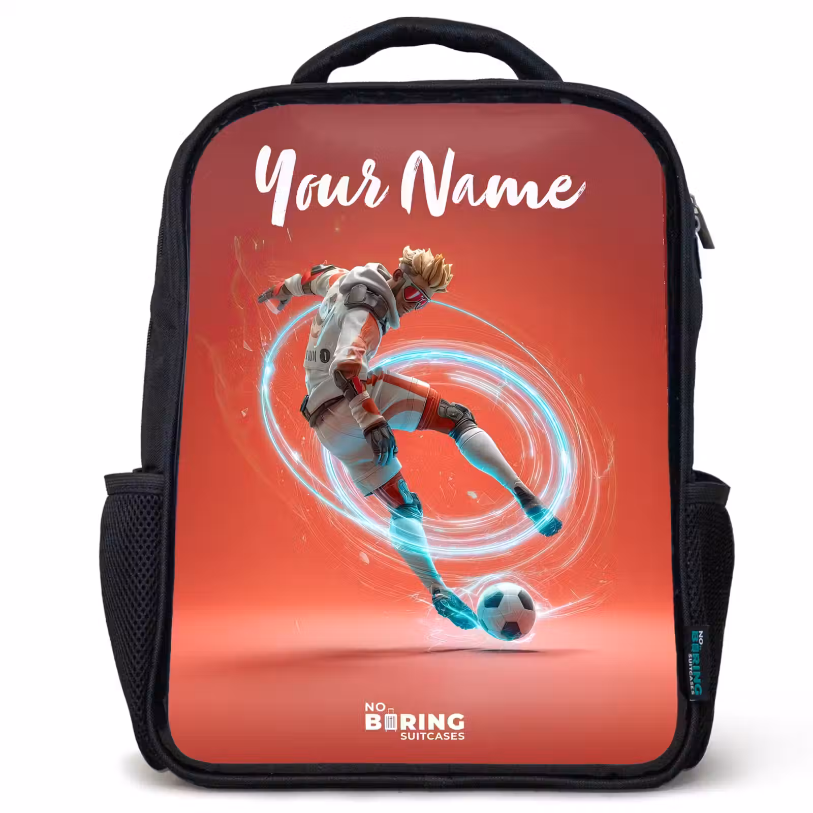 Kids backpack with name - Black - Soccer player - Ball - Light circle - Red — 1