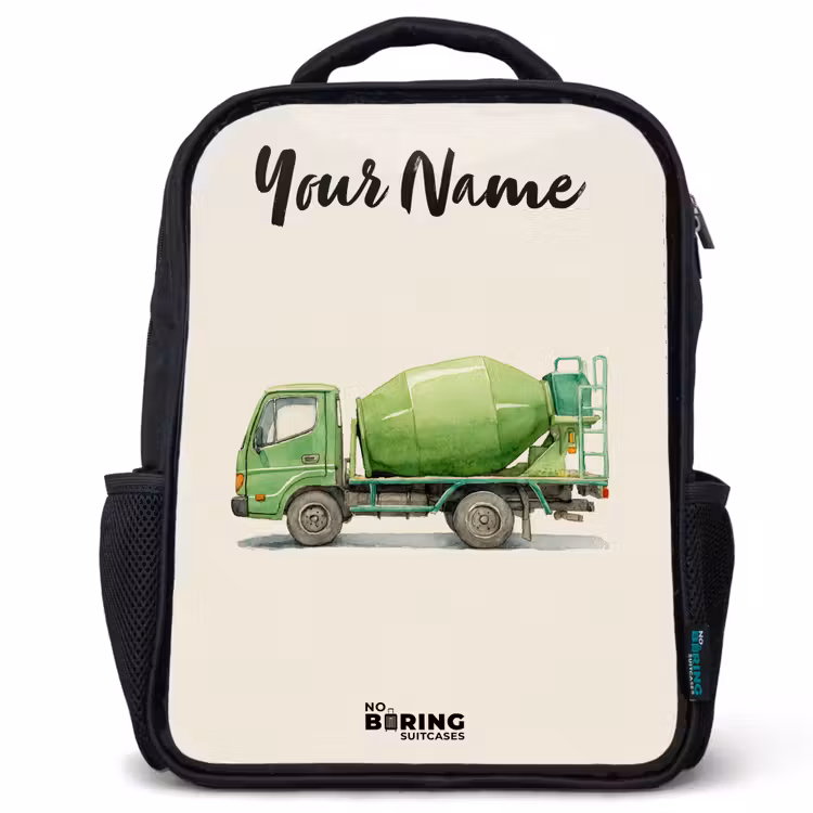 Kids backpack with name - Black - Concrete mixer - Signed - Green — 1
