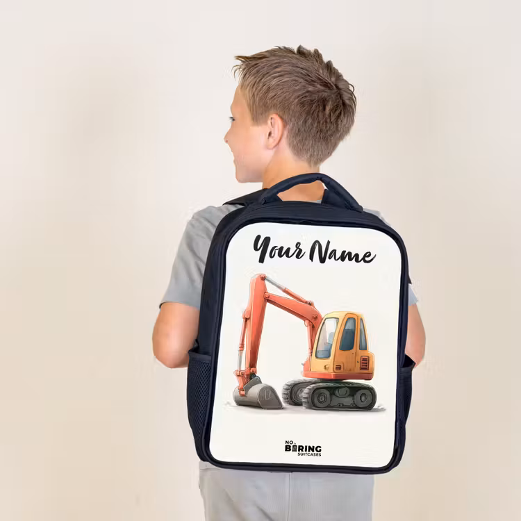 Kids backpack with name - Black - Excavator - Signed - Orange — 2