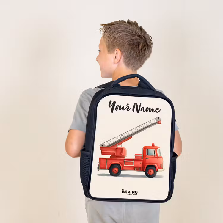 Kids backpack with name - Black - Fire truck - Signed - Red — 2