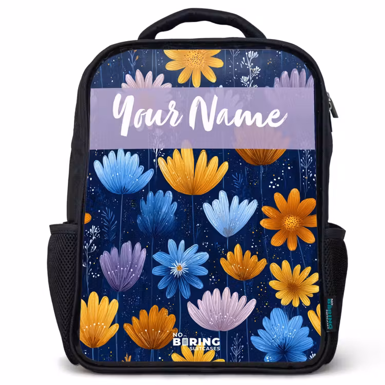 Kids backpack with name - Black - Flowers - Pattern - Blue — 1