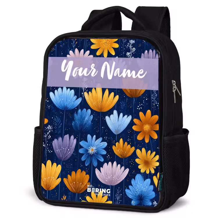 Kids backpack with name - Black - Flowers - Pattern - Blue — 4