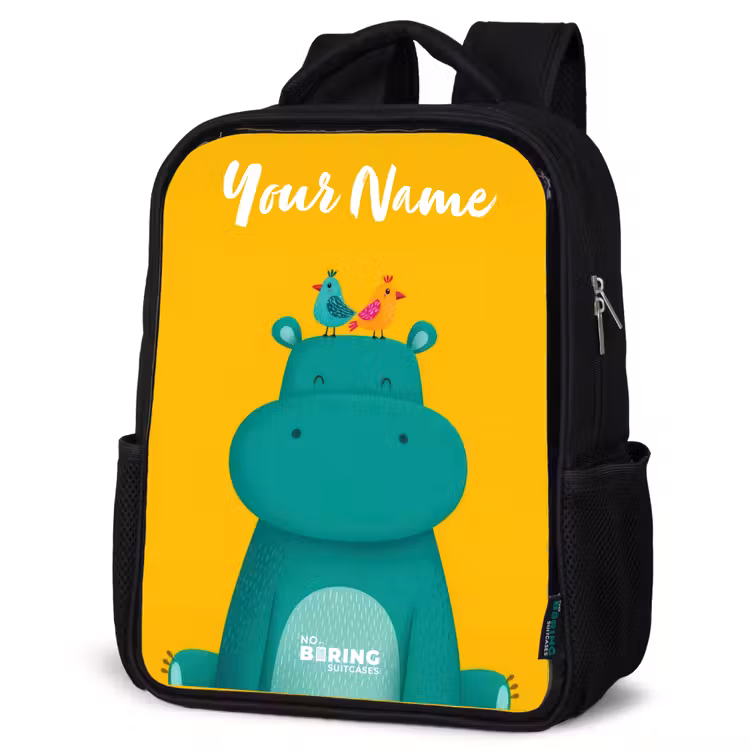 Kids backpack with name - Black - Hippo - Birds - Yellow — 4