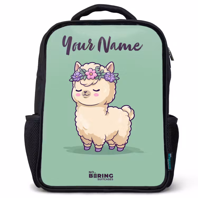 Kids backpack with name - Black - Kawai - Alpaca - Green — 1